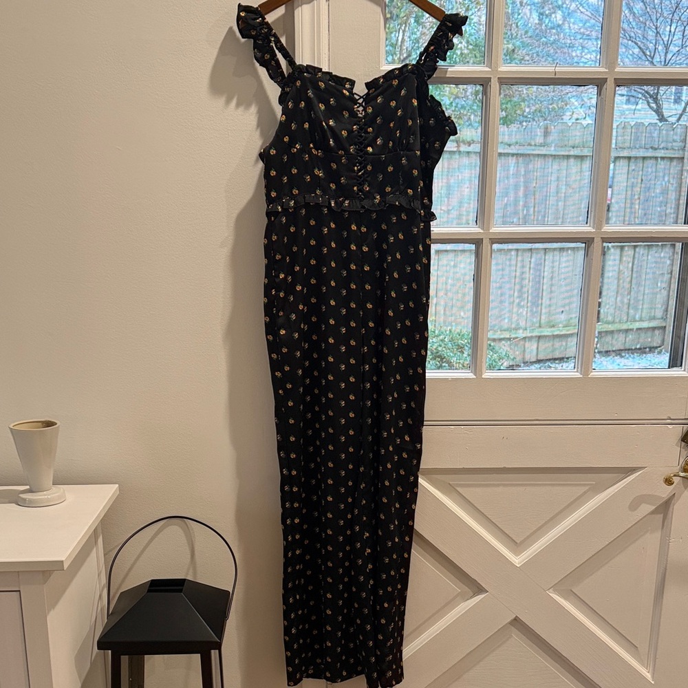 Aqua Black Jumpsuit with Floral Accents
